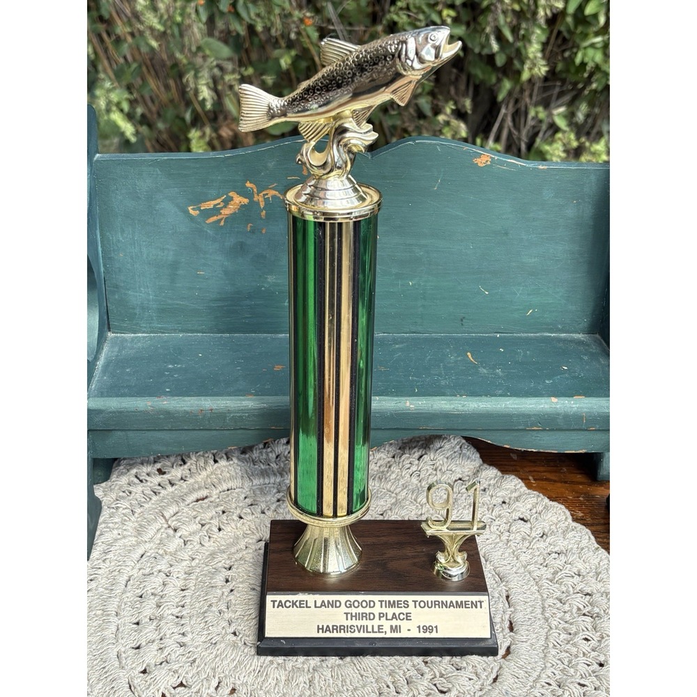 Vintage 1991 Fishing Trophy Marble Base Green Gold Fish Topper Michigan